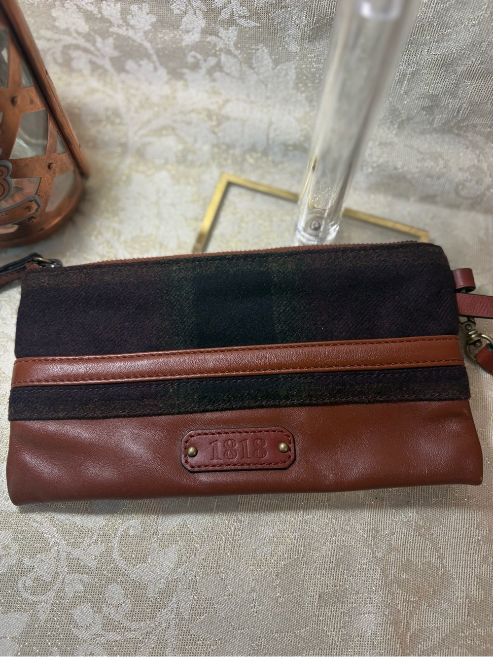 Vintage Brooks Brothers 1818 Brown Leather & Tartan Plaid Wristlet Clutch